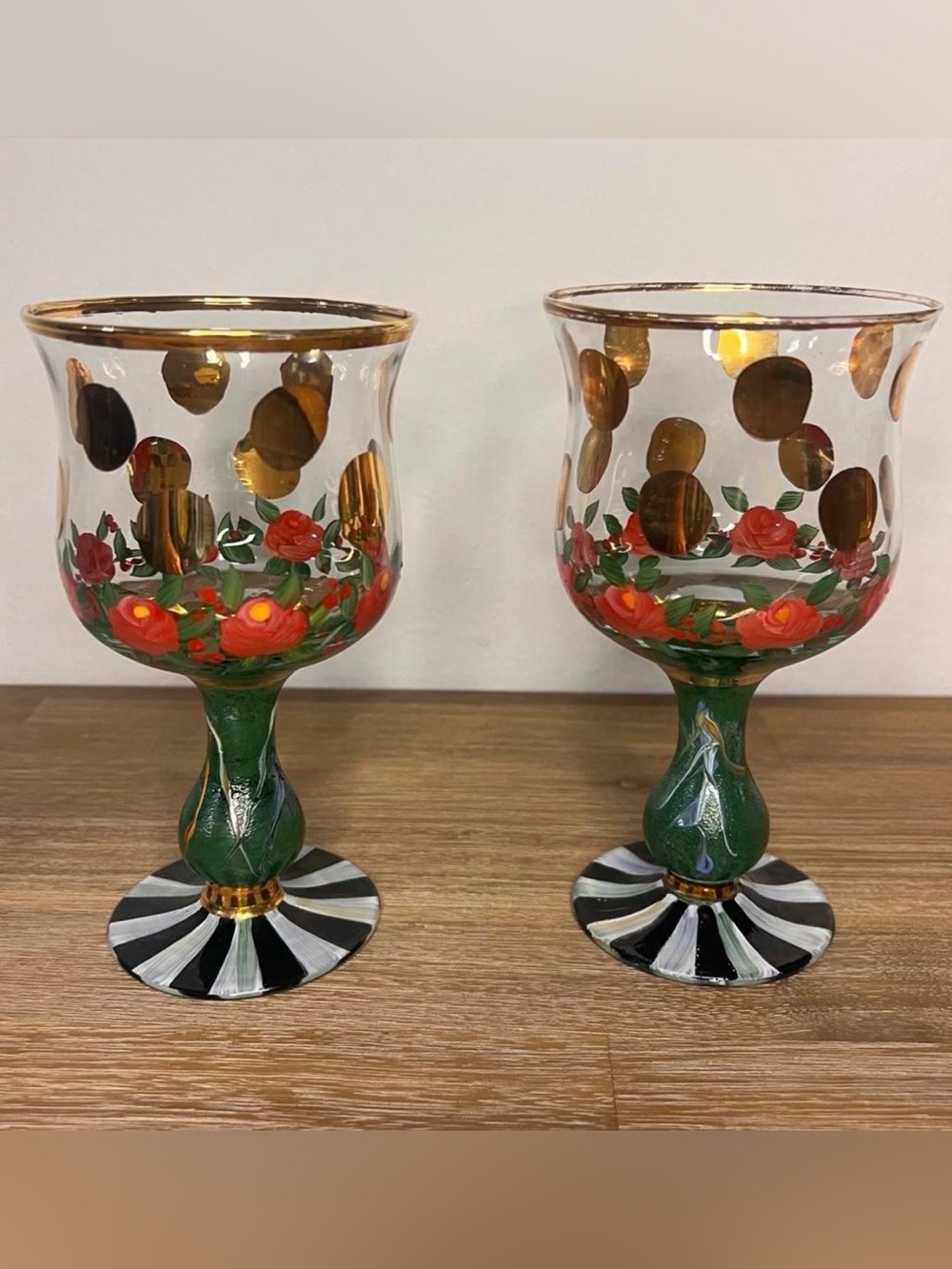 MACKENZIE CHILDS vtg pair Circus Heirloom 12 Oz Water Goblet Tumbler